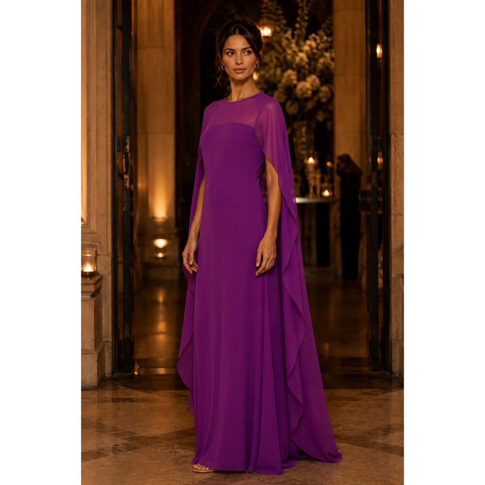 NEW RALPH LAUREN 4 Cape Sleeve Georgette Long Formal Dress Magenta Maxi Motherof - Picture 8 of 13